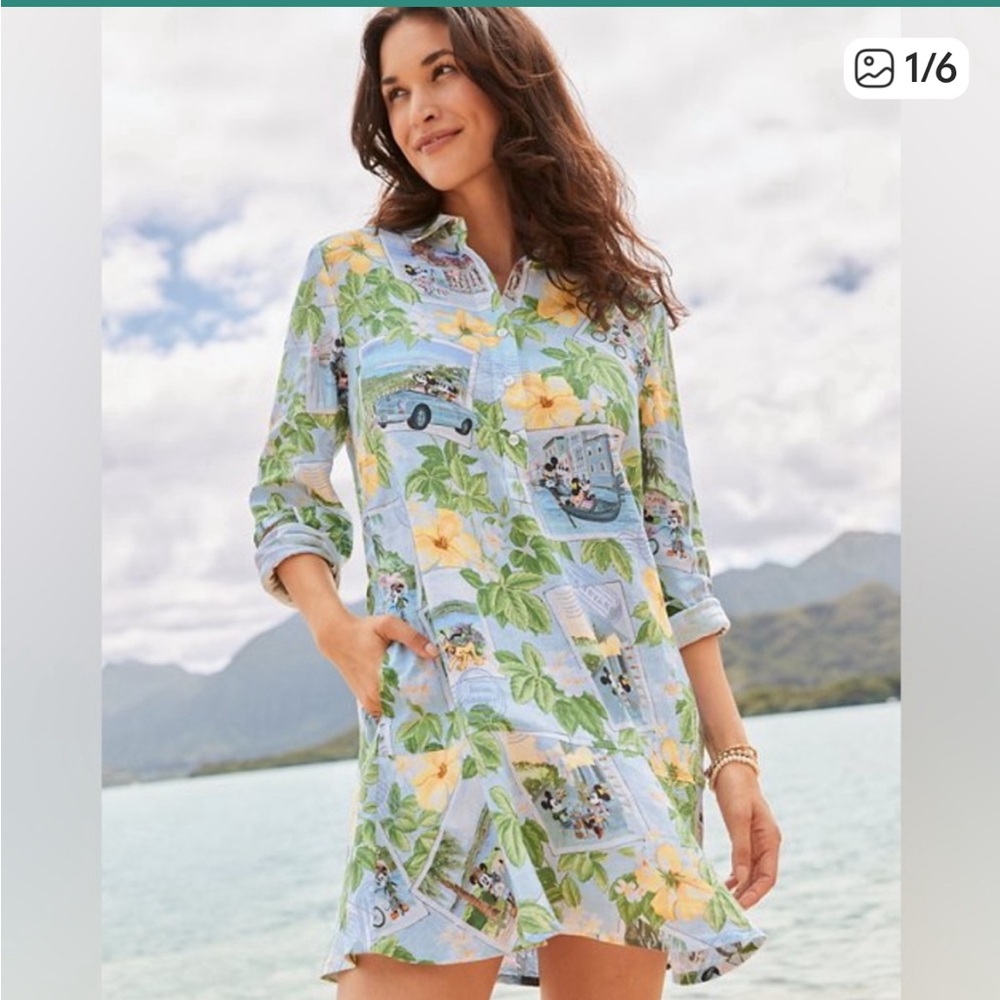 Tommy Bahama x Disney Coastline Linen Postcard to Paradise Dress EUC